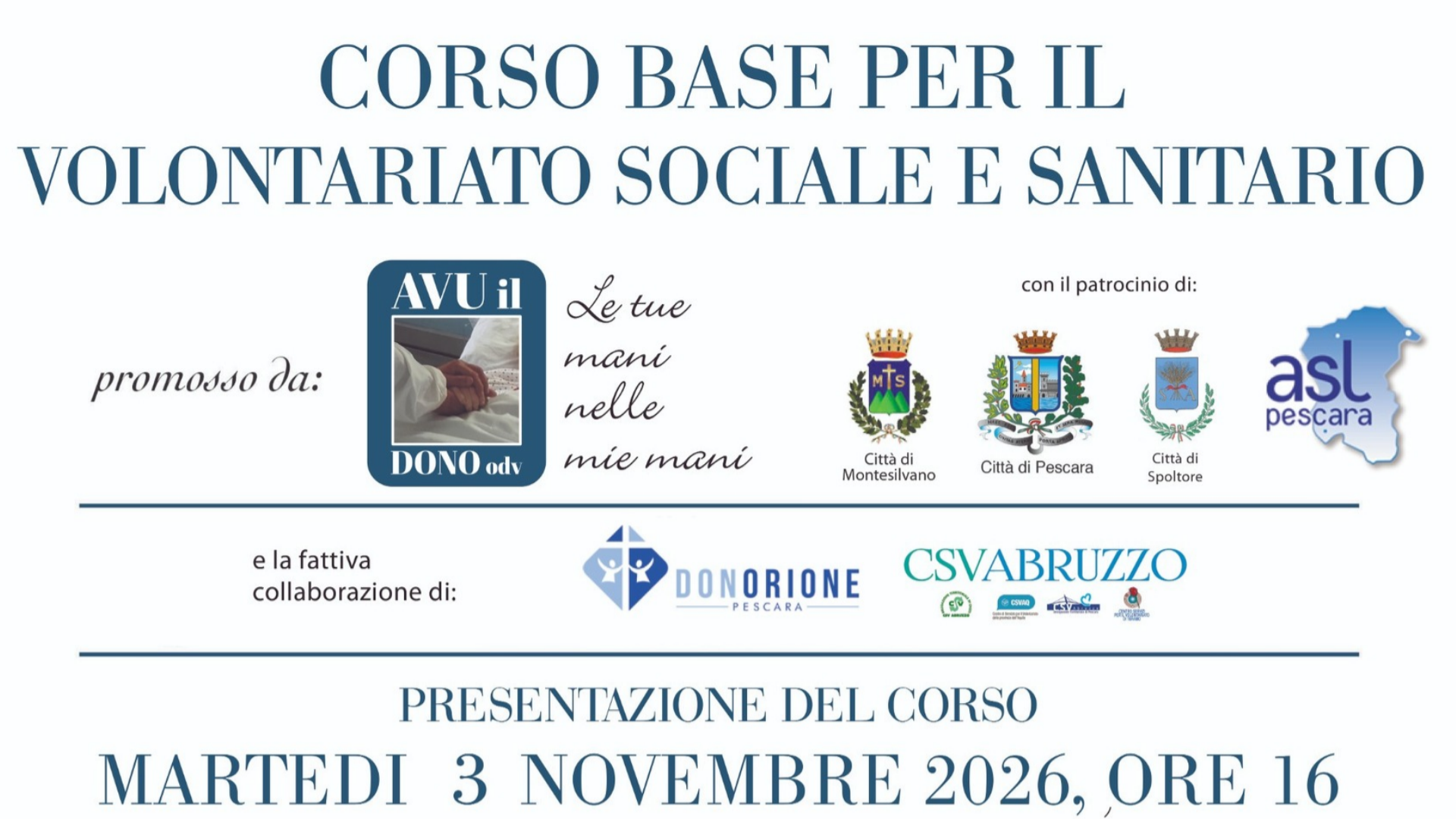 Volontariato sociale e sanitario: un corso base gratuito a Pescara
